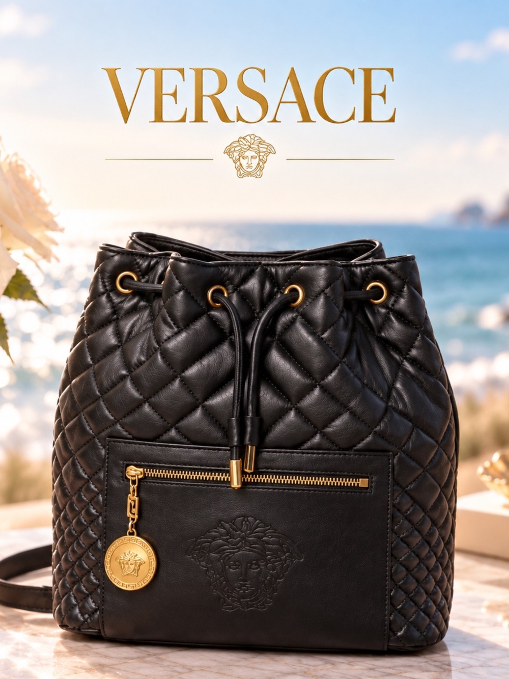 VERSACE Black Quilted Medusa Backpack COA